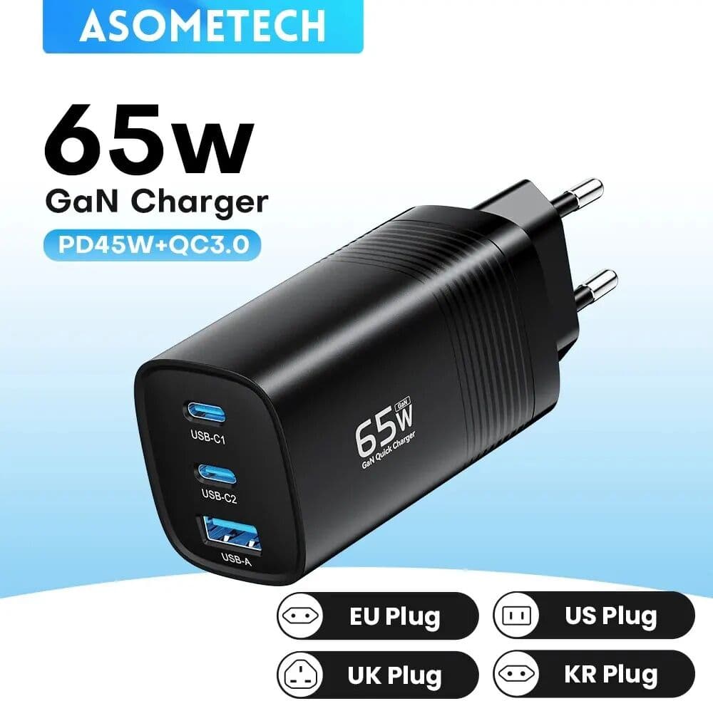 ASOMETECH GaN USB Type C Charger 65W 45W PPS PD QC4.0 Quick Charger For Macbook Laptop IPAD Tablet iPhone 16 Samsung S23 Ultra