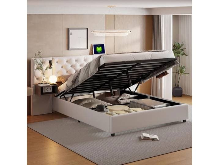 Lit Coffre 140x200cm - Lit Double 140x200 - Rembourré Velours avec 2 Tables de Chevet Suspendues Liseuses LED & USB - Beige