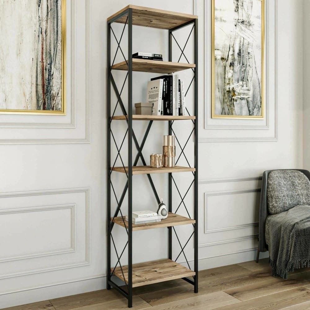 Dmora Estante para libros efecto madera roble, negro 50x30 h180 cm