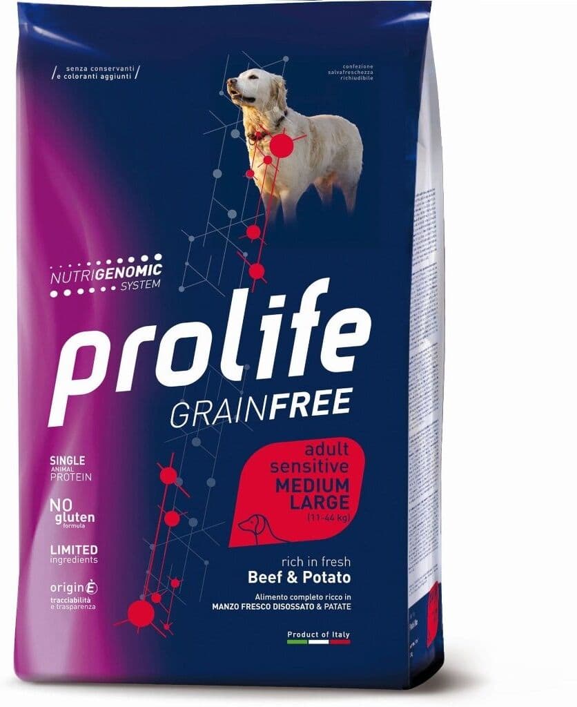 10 kg Prolife Grain Free Sensitive Alimento Cibo Crocchette Croccantini per Cani Adulti di Taglia Media e Large con Manzo Fresco e Patate No Gluten