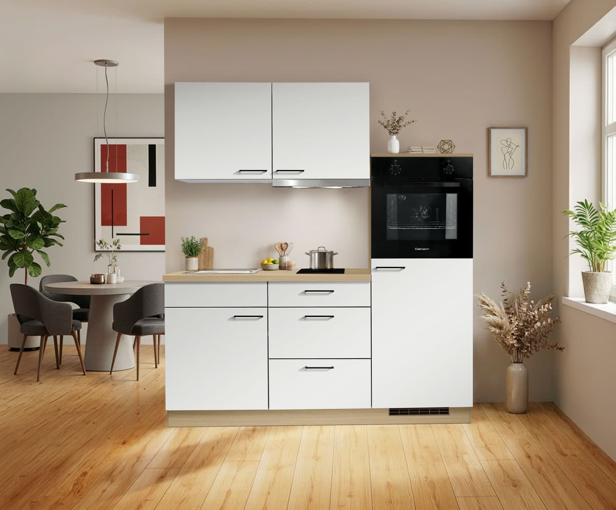 Küchenzeile KOCHSTATION "KS-Solmera", weiß (küche: weiß, korpus: eichefarben natur, arbeitsplatte: eichefarben natur), B:180cm H:207cm T:60cm, Komplettküchen-Sets, Küchenzeile, Breite 180cm, vormontiert, wahlweise mit E-Geräten
