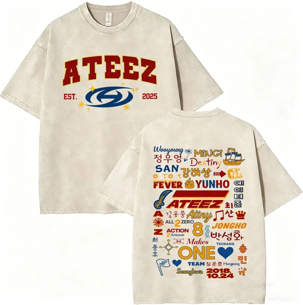 Dshztooma Washed Vintage Korean Kpop ATEEZ Mingi 2026 World Tour in Your Fantasy Logo Graphic T-shirt Men Women Kpop Fashion Trend T Shirt