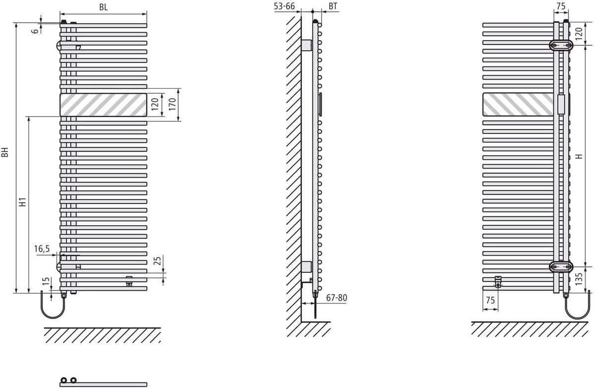Kermi Credo Half round -E Badheizkörper 60 x 140 cm mit Elektro-Set WRS rechts