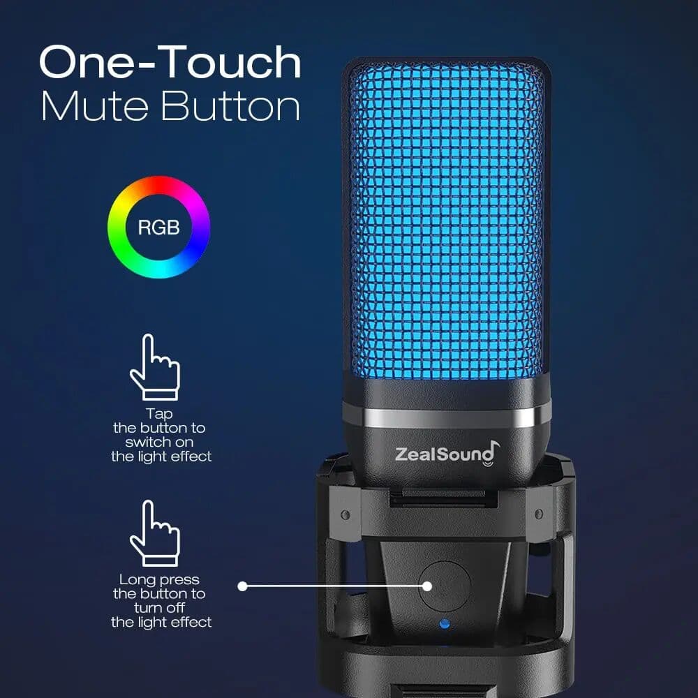 HAOMUREN Zealsound RGB USB Condenser Gaming Microphone Computer Professional Mic For PC PS4 PS5 Mac Phone Recording Streaming Podcasting