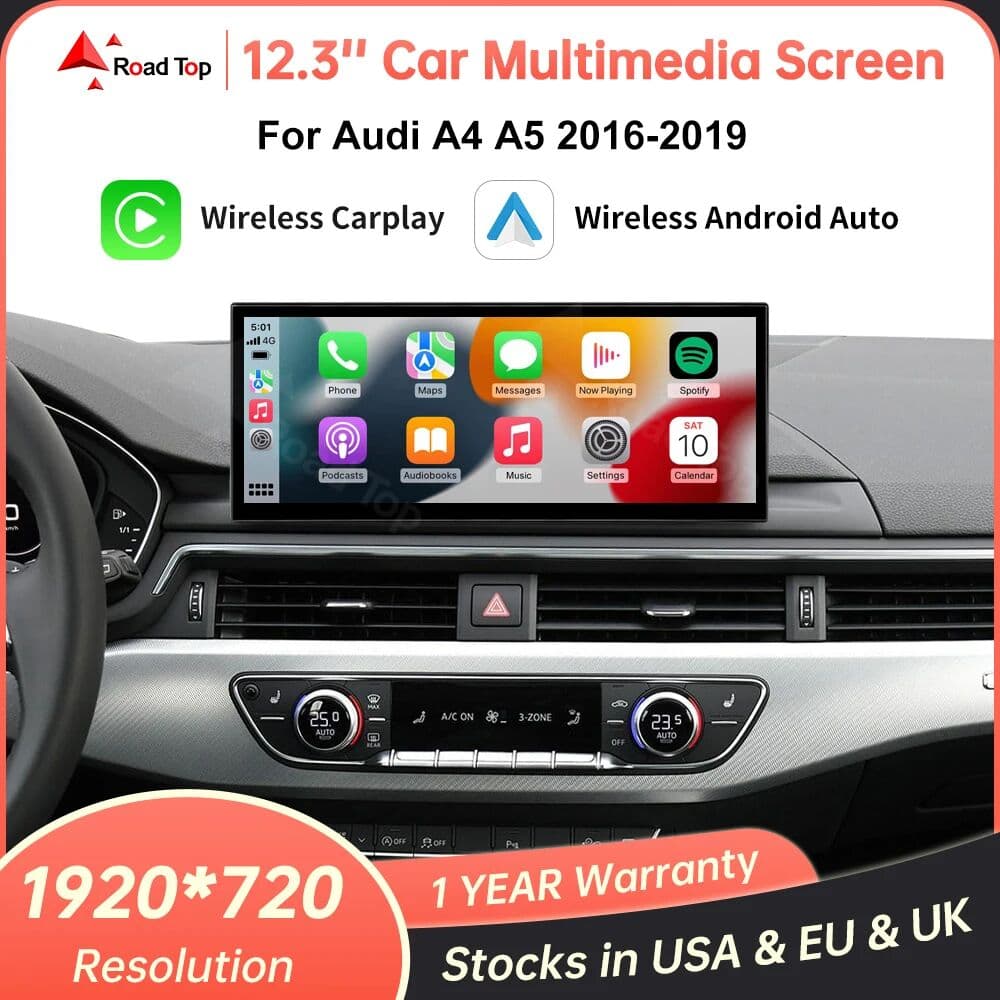 Road Top 12.3'' Car Multimedia Display Linux Screen For Audi A4 A5 2016-2019 With Wireless CarPlay Android Auto Airplay Autolink Function