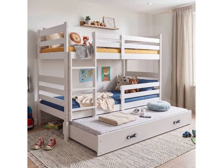 Etagenbett teilbar in 2 Einzelbetten Erik 90x190 cm Weiß - Stockbett umbaubar, mit 3. Schlafplatz in der Schublade & Rausfallschutz (beidseitig monti
