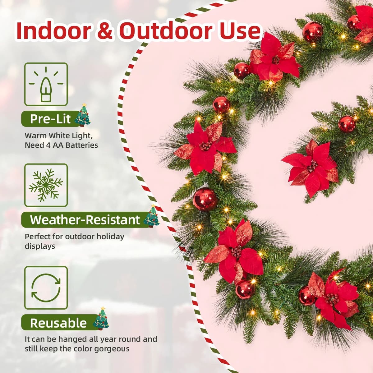 NONE 2.7m Pre-Lit Christmas Garland with Warm White LED Lights, Pinecones and Red Berries for Stairs and Mantels