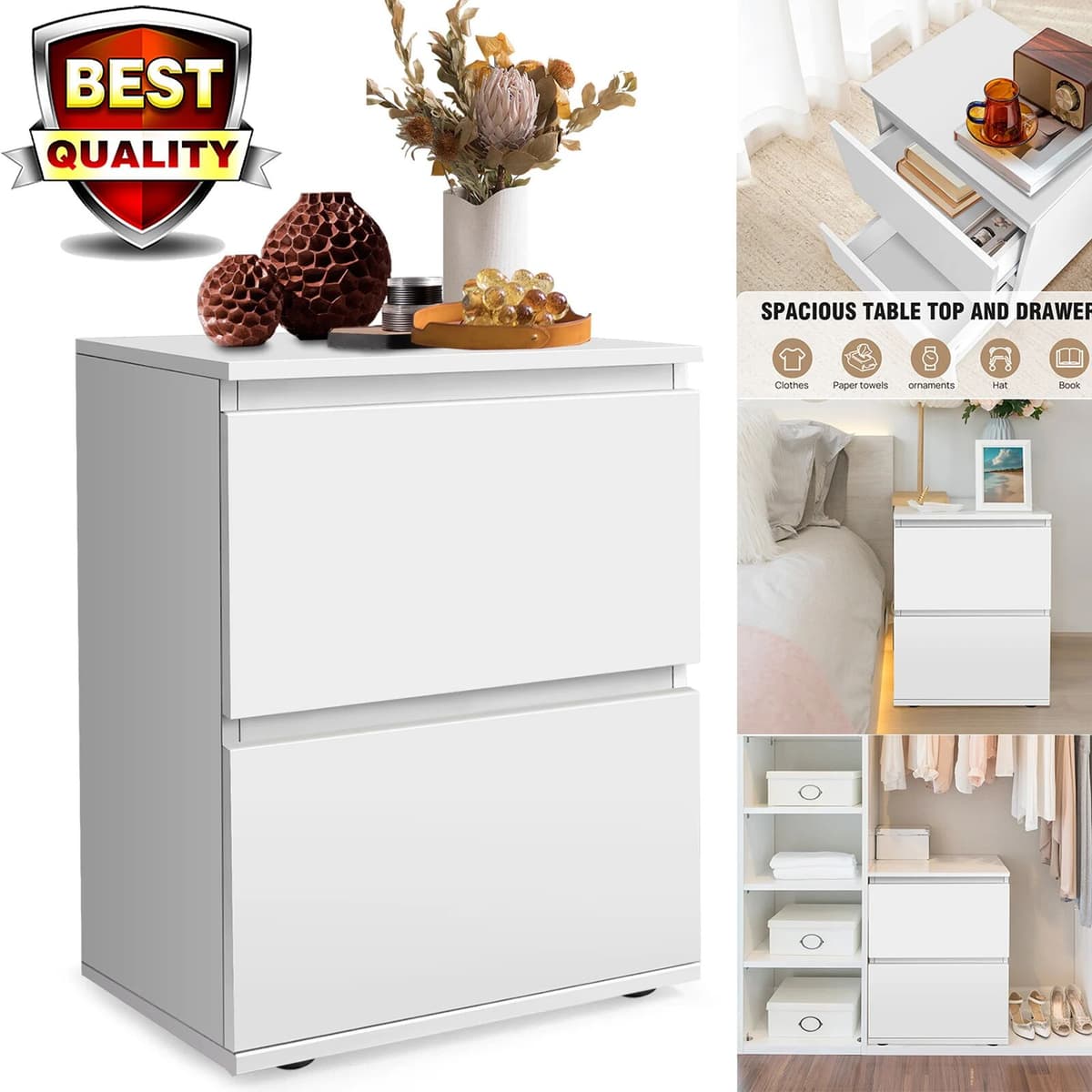 EFAN White Bedside Table,Side End Table with 2 Drawers, Bedroom Cabinet Wooden Chest of Drawers for Bedroom,Living Room,Office