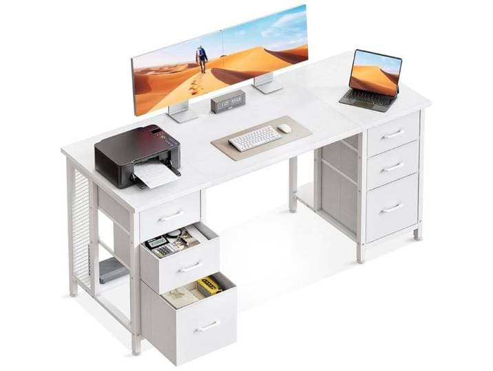 Bureau Avec 6 Tiroirs 160X52 Cm Bureau Informatique Avec Rangement Bureaux Blanc Pour Le Bureaux À Domicile
