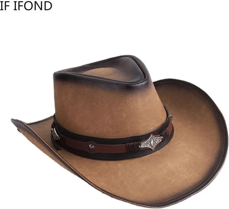 IF IFOND 100% Leather Men Women Western Cowboy Hat Wide Brim Godfather Hats Gentleman Church Sombrero Hombre Jazz Cap