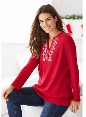 Plus Size Women's Embroidered Thermal Henley Tee by Woman Within in Classic Red Vine Embroidery (Size L) Long Underwear Top