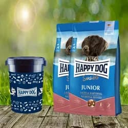 Happy Dog Sensible Junior Huhn, Lachs & Kartoffel 2 x 10 kg + Happy Dog Futtertonne 43 Liter *gesche