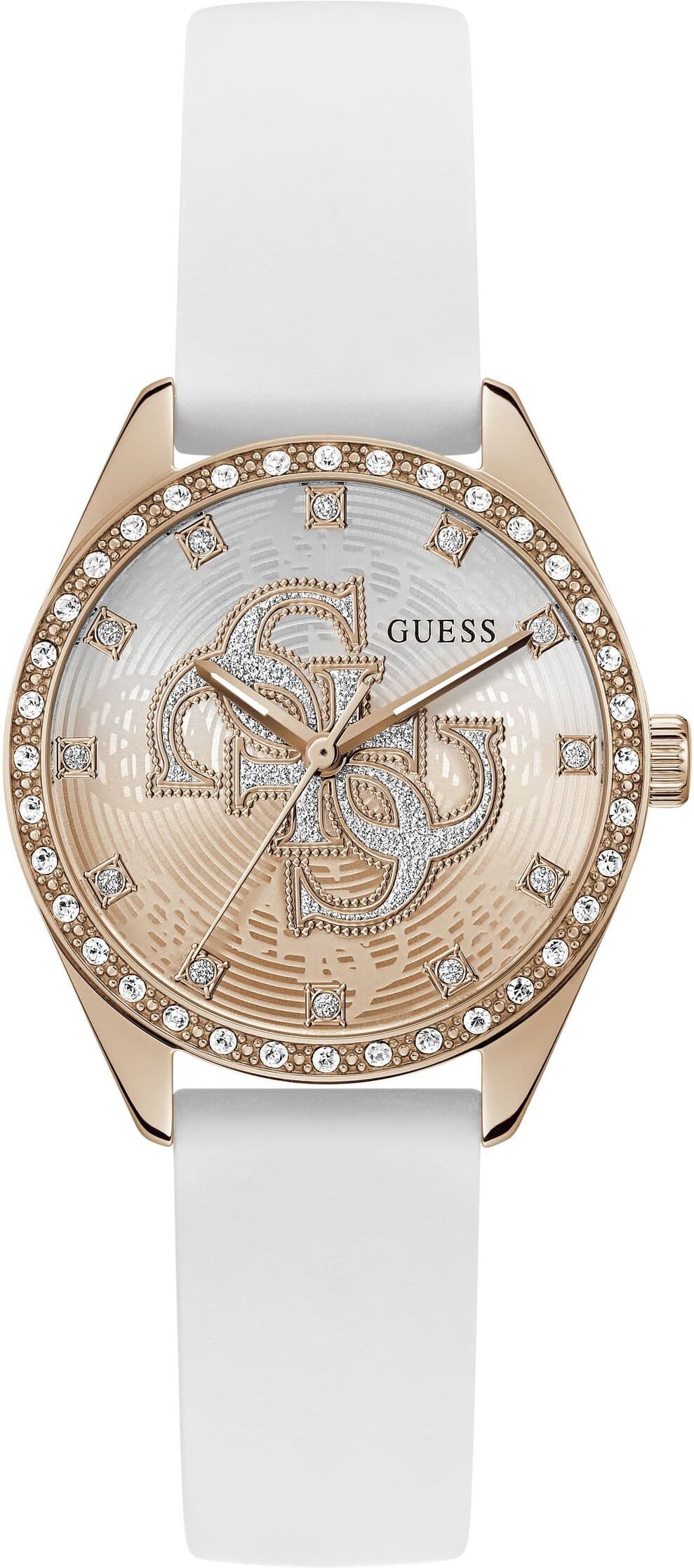 Quarzuhr GUESS "AVA", weiß, roségoldfarben, Armbanduhren, Damen, Quarzuhr, Armbanduhr, Damenuhr, Silikonarmband, analog