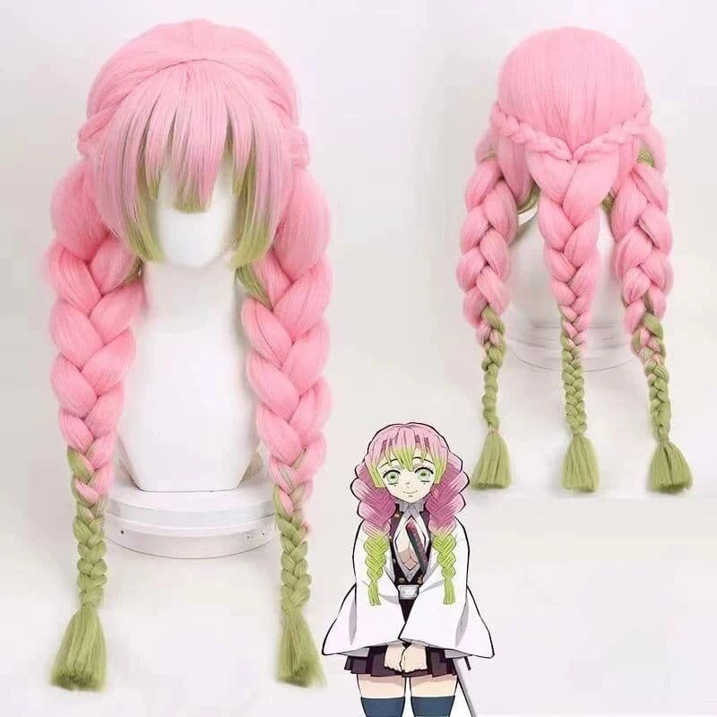 NONE Mitsuri Kanroji Cosplay Wig Kimetsu no Yaiba Long Pink Green Heat Resistant Hair Authentic Cosplay Wigs + Wig Cap