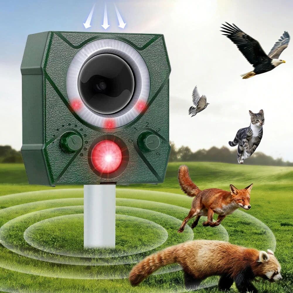 SAIJZEK Variable Frequency Ultrasonic Repellent with LED Flash Alarm PIR Motion Sensor Speed Adjustable for Repelling Rodents Dogs Foxes