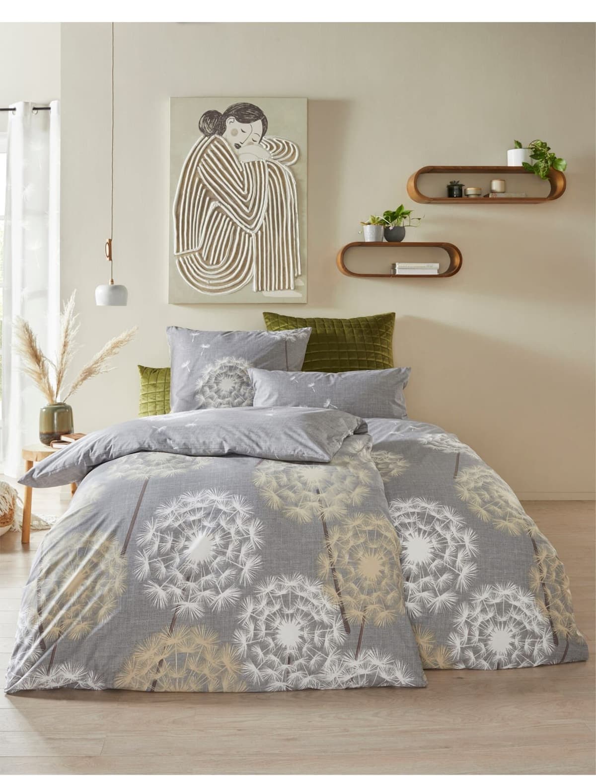 Bettwäsche HEINE HOME Gr. 5, grau (steingrau, sand, bedruckt), B/L: 135cm x 200cm, Renforcé, B/L: 40cm x 80cm, 2 tlg., Renforcé, 100% Baumwolle, Bettwäsche, Bettwäsche