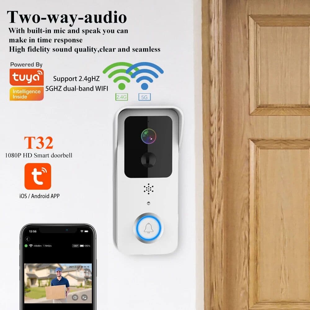 Erilles 5G 1080P Camera Video Doorbell WiFi Tuya Smart Outdoor Doorbell Waterproof Battery Intercom Smart Life Wireless Coorbell