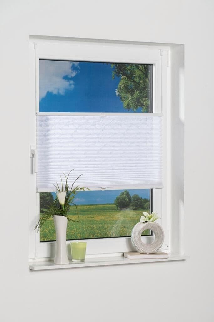 Plissee K-HOME "Capri, ohne Bohren, Lichtschutz" Gr. 32, weiss (weiß), B:65cm H:210cm, Obermaterial: 100% Polyester, Plissees, Plissee, Ausbrennerstoff weiß 210cm, zweiseitig verschiebbar, 65cm