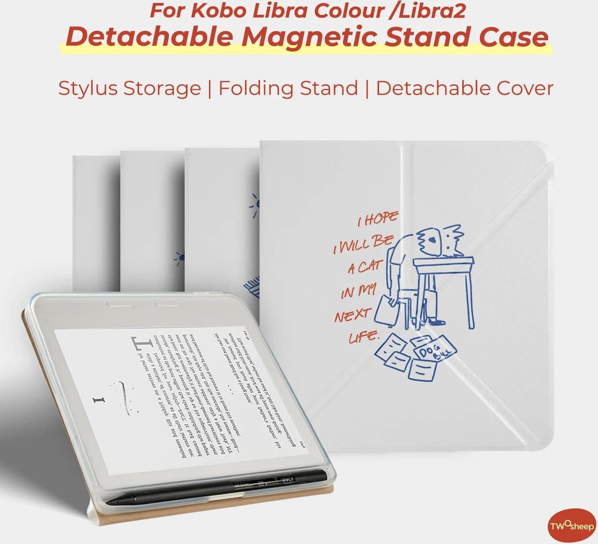 Twosheep Line Cat Dog Detachable Magnetic Case suit for Kobo Libra Colour Kobo Libra2 Pen Holder Stand Clear Shell Cover Folio