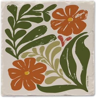 Thirstystone "Retro Floral 4 Pack Tumbled Tile Stone Coaster with Protective Cork Backing Made in The USA 4"" Square, Colorful, Wipes Clean"