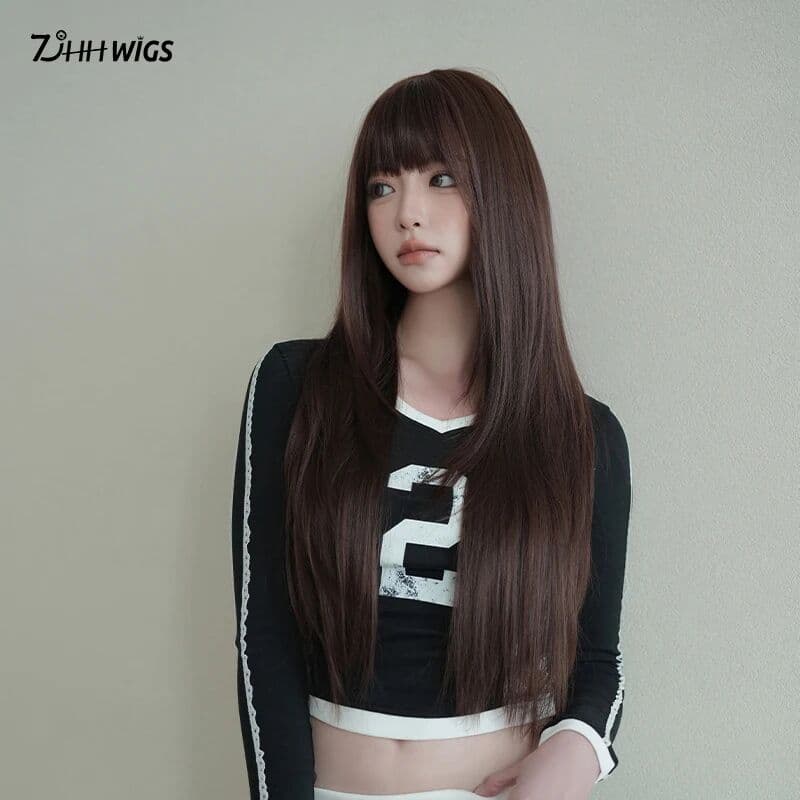 7JHH WIGS Routine Wig Long Straight Brown Wig with Bangs High Layered 150% Density Heat Resistant Synthetic Wigs for Women Daily Party Use