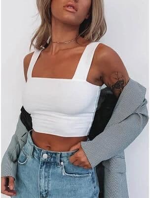 Discount Dollar Deals Square Neck Sleeveless Summer Crop Top, White Women Black Casual T Shirt, Off Shoulder Cami Sexy Backless Tank Top m white
