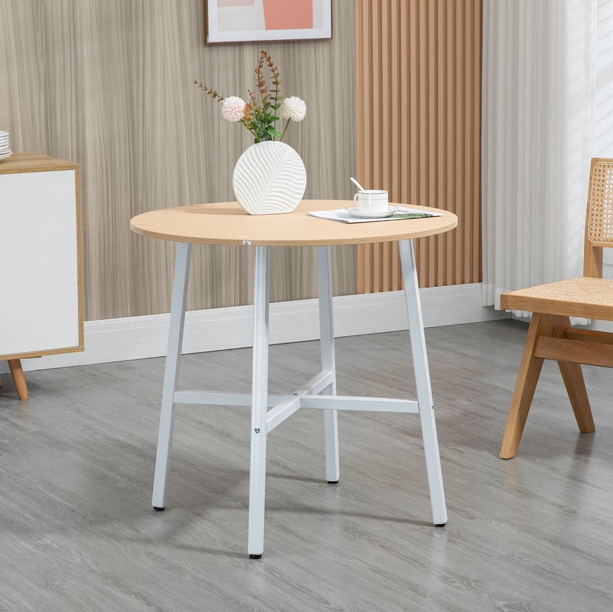 MODENUIT Ronde Eettafel voor 4 personen met metalen onderstel in natuurlijk hout, Ø80 x 76 cm