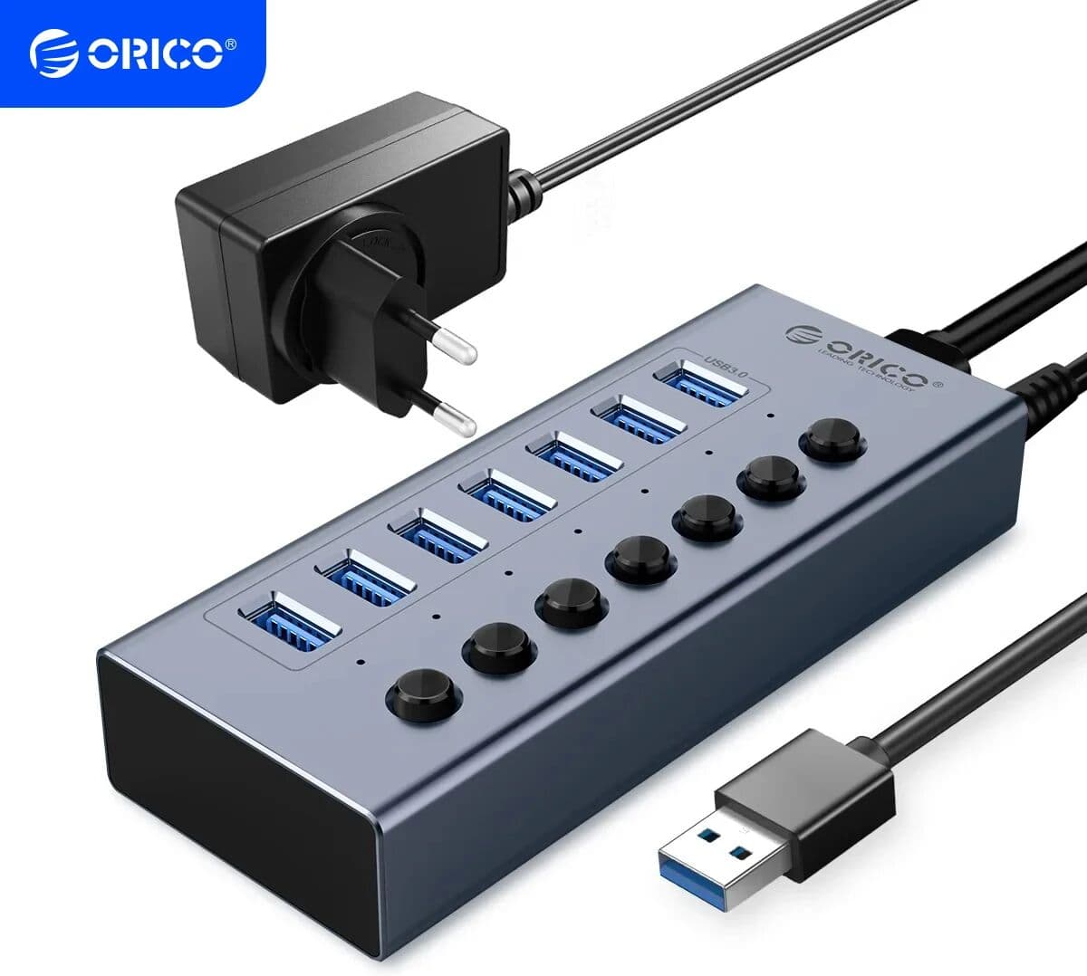 ORICO USB 3.0 HUB 7/10 -Port Aluminum USB Splitter On/Off Switch 12V Power Adapter Support Charging for Computer USB Docking