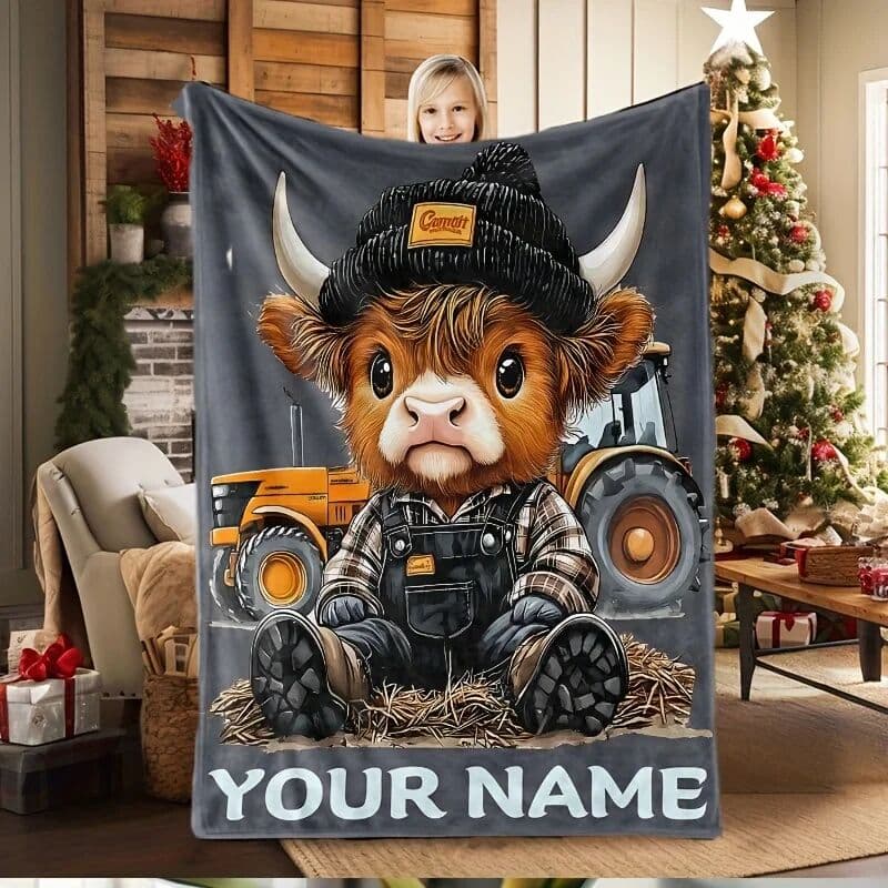 NONE 1 personalized name customized gray car highland cow blanket suitable for all seasons, soft flannel shawl with cute winter cow