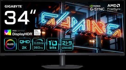 GIGABYTE MO34WQC36 Monitor Gaming Curvo 34” WQHD - 3440 x 1440, 360Hz, 0.03ms, KVM, 300 cd/m², FreeSync Premium Pro, DisplayHDR True Black 500, HDMI 2.1, DisplayPort 2.1 - 1409059