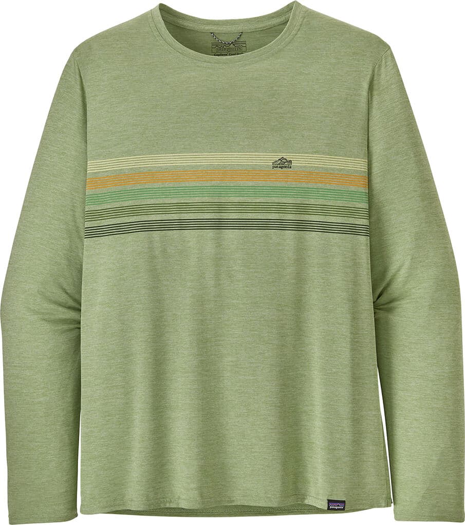 Patagonia M's L/S Cap Cool Daily Graphic Shirt Line Logo Ridge Stripe: Salvia Green X-Dye Line Logo Ridge Stripe: Salvia Green X-Dye S