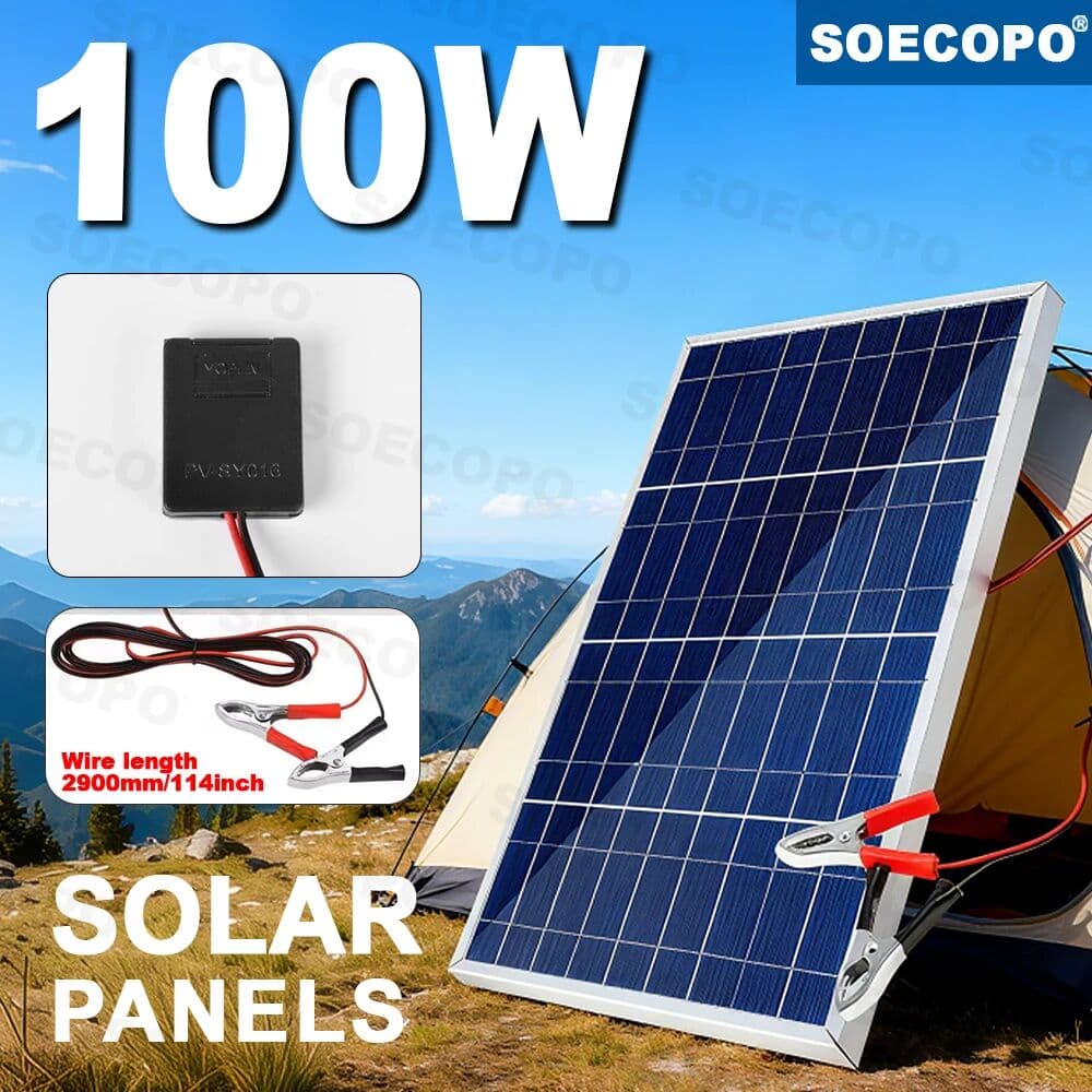 soecopo 100W Solar Panel with Battery Clips 18V Glass Portable Solar Charger Directly Charge 12V Car/RV/Boat Battery/Power Stations