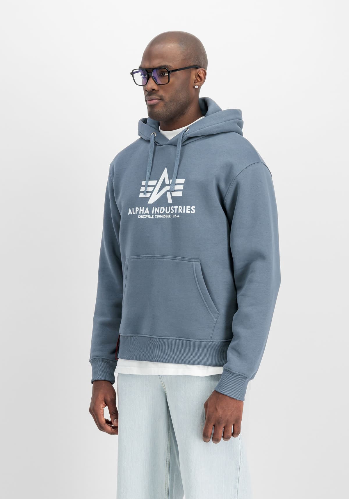 Hoodie ALPHA INDUSTRIES "Basic BL Hoodie", Herren, Gr. XXL, blau (denim blau), Obermaterial: 80% Baumwolle, 20% Polyester, regular fit, Sweatshirts Hoodie denim blau XXL
