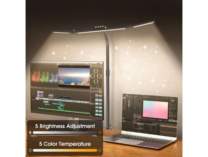 Lampe de bureau LED pour la maison et le bureau, lampe de table intelligente à double tête avec pince, lampe de travail flexible à col de cygne réglable, noire