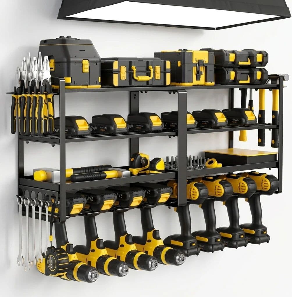 NONE 4-Tier Power Tool Organizer Wall Mount 8 Drill Holders, 200LB Heavy Duty Carbon Steel Garage Storage Rack with 6 Side Hooks, 15-Min Assembly Tool Shelf for Workshop
