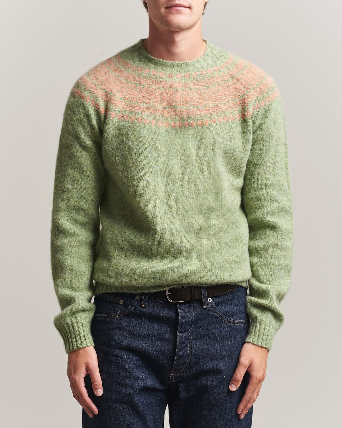 Harley Of Scotland Brushed Supersoft Lambswool Yolk Fairisle Sage/Parf men L Grøn