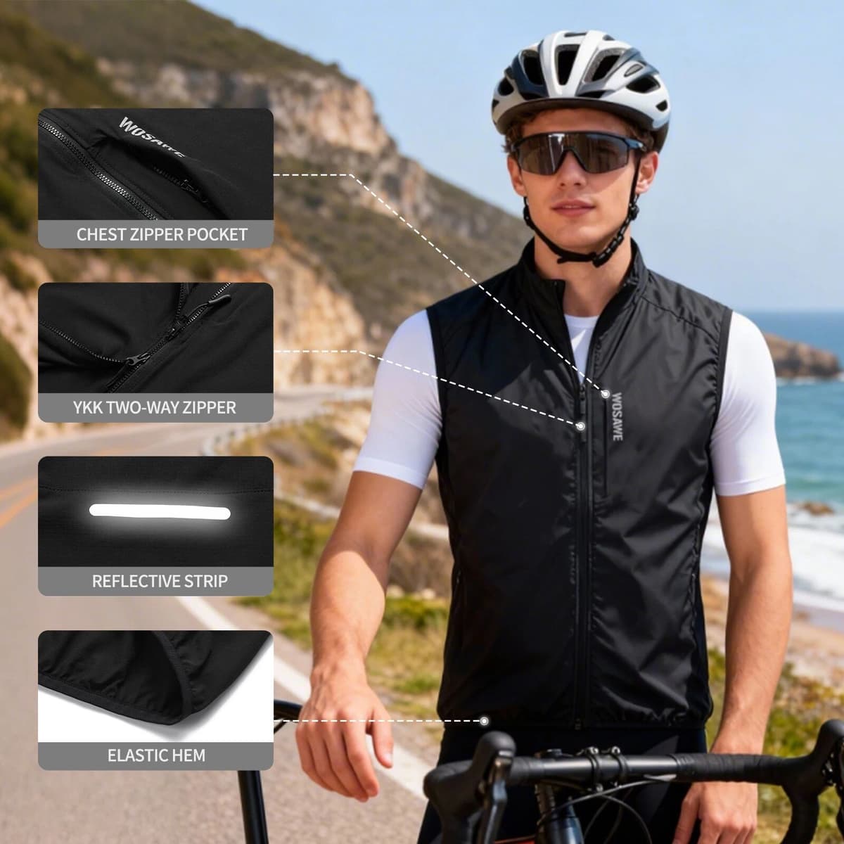 WOSAWE Men Cycling Vest Women Sleeveless Gilet MTB Road Bike Jersey Lightweight Windproof Breathable Bicycle Vest Chest Pocket