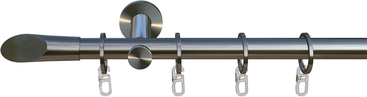Gardinenstange INDEKO "Marbella", silber (edelstahl, optik), L:260cm Ø:16mm, Eisen, Gardinenstangen, Gardinenstange, Komplett-Set inkl. Ringen,Faltenlegehaken und Montagematerial
