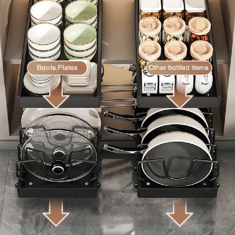 NONE Sliding Drawer Pot and Pan Organizer for Under Cabinet - Pull Out Tray with 8 Adjustable Dividers for Cookware and Lids
