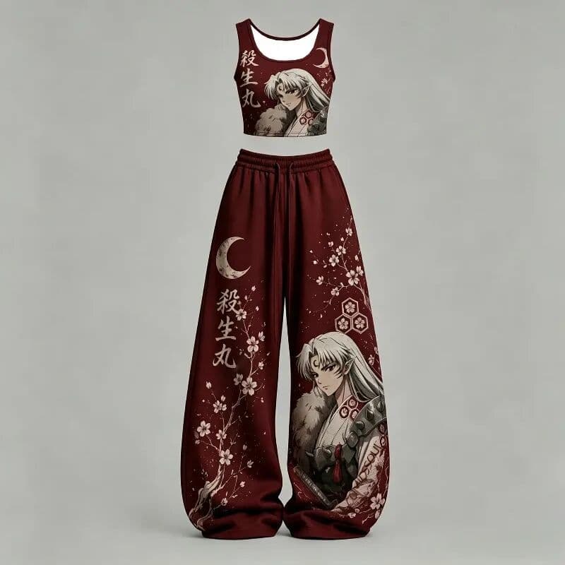 Bandai Red Anime Character Graphic 2Pcs Set for Women Sleeveless Tank Crop Top Elastic Waist Wide Leg Sweatpants Y2K Street Outfit