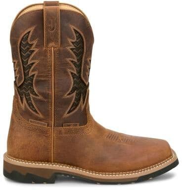 "Justin Boots Bolt 11"" Square Toe WP (Men's) Work in Pecan/Brown, Size 7 E2, Leather"