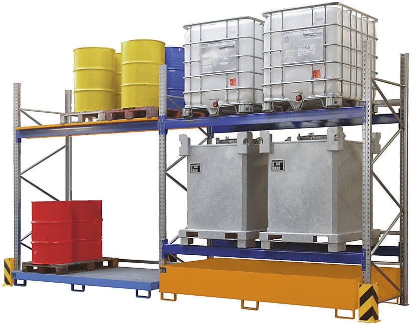 Regal-Bodenwanne, 240 l Auffangvolumen, LxBxH 2150 x 1300 x 225 mm, mit Gitterrost, blau lackiert eurokraft pro
