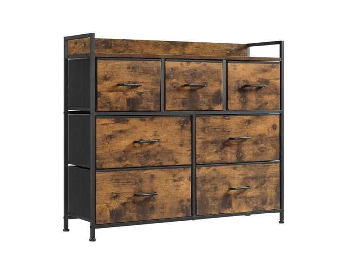 SONGMICS Commode Armoire Meuble de Rangement 7 Tiroirs en Tissu avec Poignées Cadre en Métal Marron Rustique et Noir d'Encre