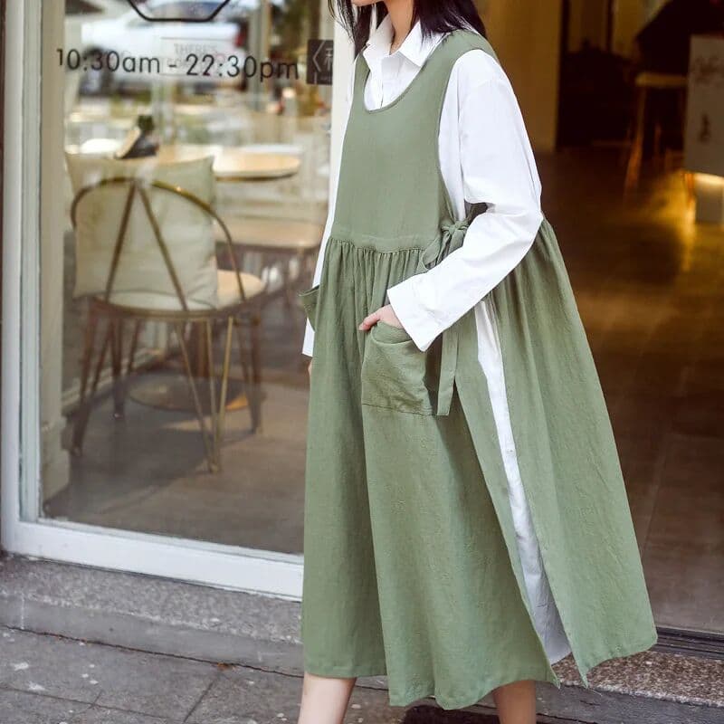 NONE Cotton Linen Side Open Aprons for Women with Pockets Cute Apron Dress for Gardening Painting Baking Cooking Pinafore