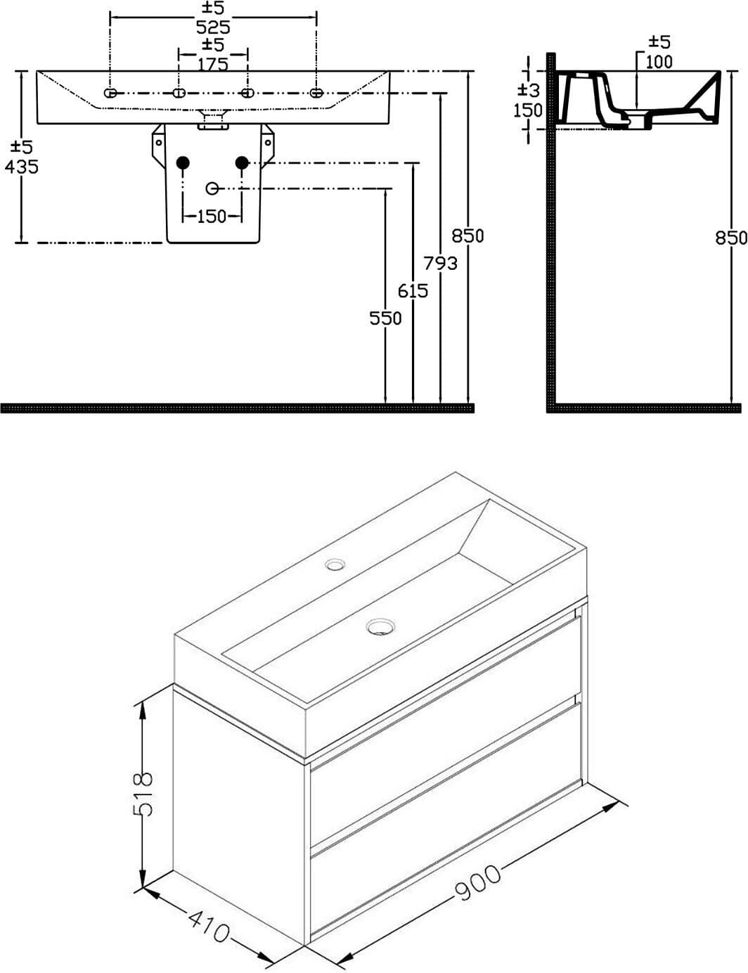 Megabad Profi Collection Pure 2.0 Waschtisch mit Unterschrank 90 cm mit 2 Auszügen