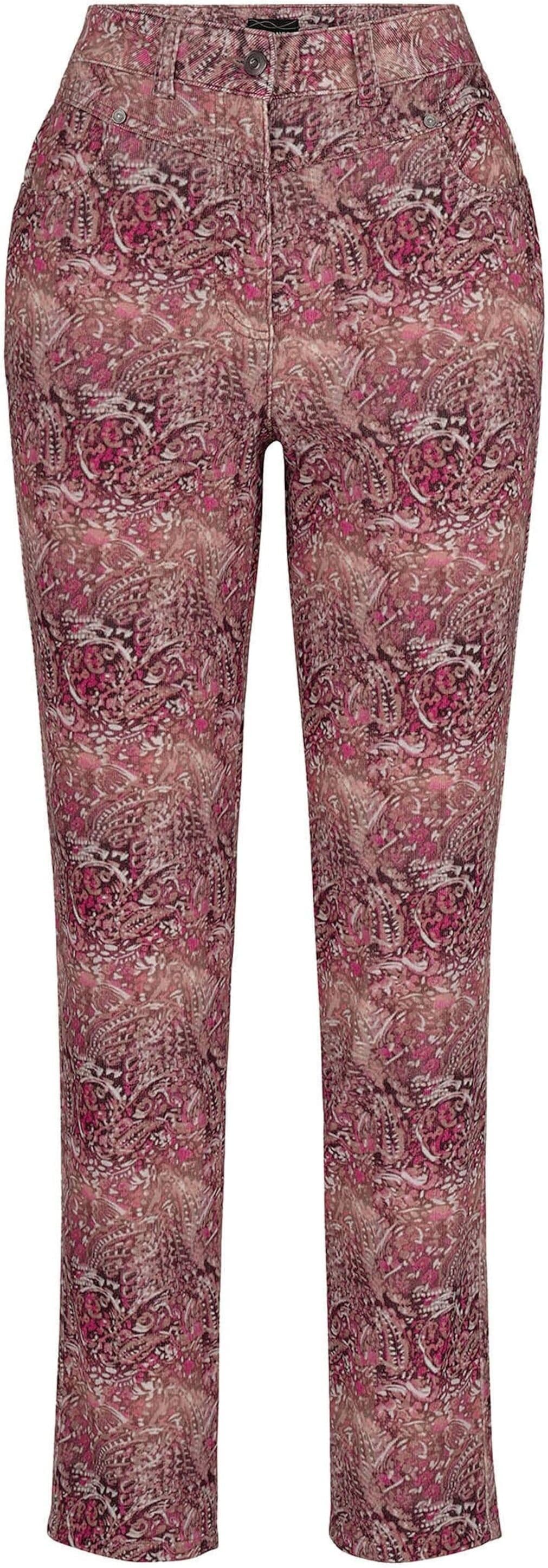 Stoffhose GOLDNER "Kurzgröße Cordhose LOUISA mit Paisley-Druck", Damen, Gr. 22, rosa (aubergine, cremeweiß, gemustert), Hosen Stoffhose, Ziernieten an den Taschen