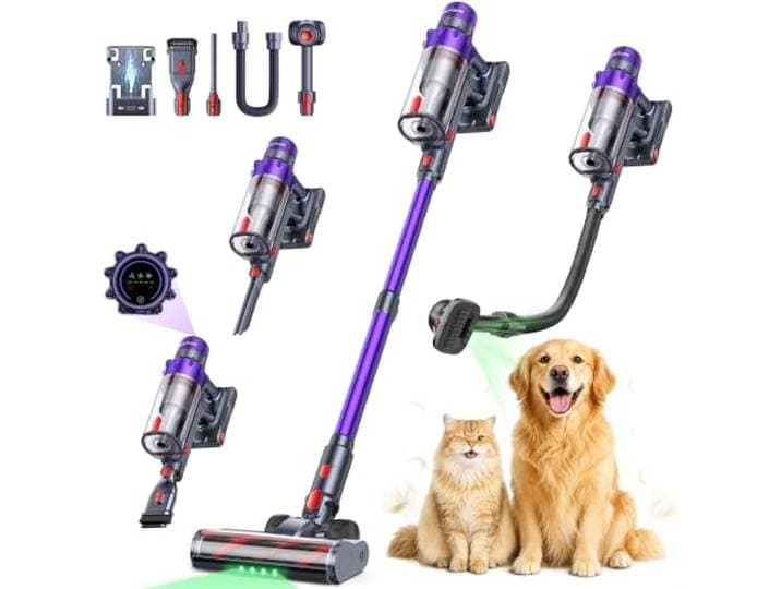 SMOTURE 650W 55KPa Aspirateur Balai sans Fil\, 70 Mins Aspirateur sans Fil Puissant avec Brosse pour Animaux Tuyau Charge Murale Écran LED\, Aspirateur Balai pour Poils d’Animaux/Sols Durs/Tapis/Voiture
