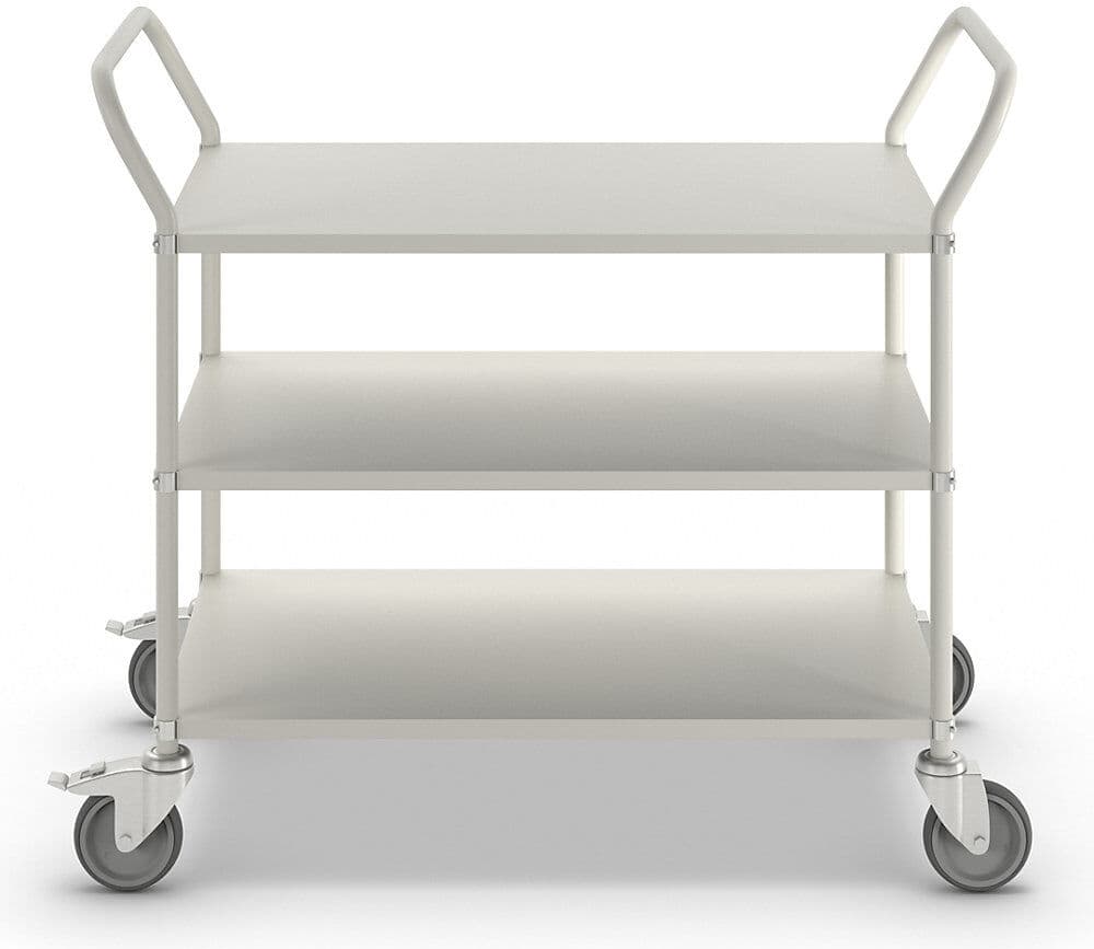 Leichter Etagenwagen Höhe 940 mm, mit 3 Metallböden, weiß, 2 Lenkrollen mit Stopp Kongamek