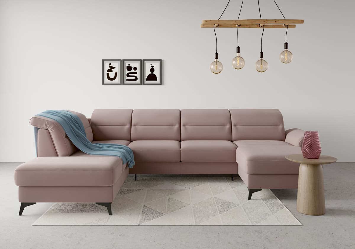 Wohnlandschaft SIT & MORE "Sinatra U-Form", lila (flieder), B:326cm H:85cm T:220cm, 90% Polyester, 10% Polyamid, Sofas, Wohnlandschaft, optional mit Kopfteilverstellung und Armteilfunktion, Metallfüsse flieder B/H/T: 326cm x 85cm x 220cm, Luxus-Microfaser