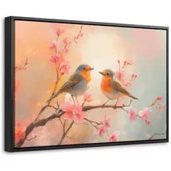 LEINWAND Bilder mit Rahmen - Rotkehlchen - Zierpflanze - Blütenzweig - 60x40